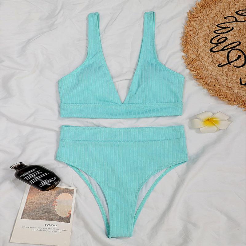 Bikini High Waist Swimwear Women's Swimsuits Push Up Ribbed Bathing Suits Black V-Neck Bikinis Set High Waist Tummy Control Bathing Suits For Women Deep V Neck Black Comfortable Beachwear