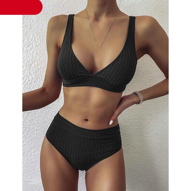 Bikini High Waist Swimwear Women's Swimsuits Push Up Ribbed Bathing Suits Black V-Neck Bikinis Set High Waist Tummy Control Bathing Suits For Women Deep V Neck Black Comfortable Beachwear