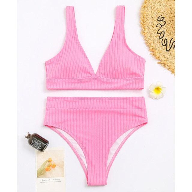 Bikini High Waist Swimwear Women's Swimsuits Push Up Ribbed Bathing Suits Black V-Neck Bikinis Set High Waist Tummy Control Bathing Suits For Women Deep V Neck Black Comfortable Beachwear
