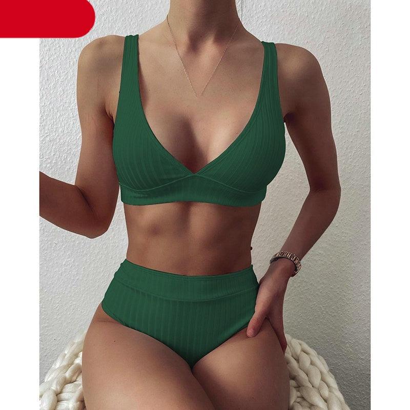 Bikini High Waist Swimwear Women's Swimsuits Push Up Ribbed Bathing Suits Black V-Neck Bikinis Set High Waist Tummy Control Bathing Suits For Women Deep V Neck Black Comfortable Beachwear