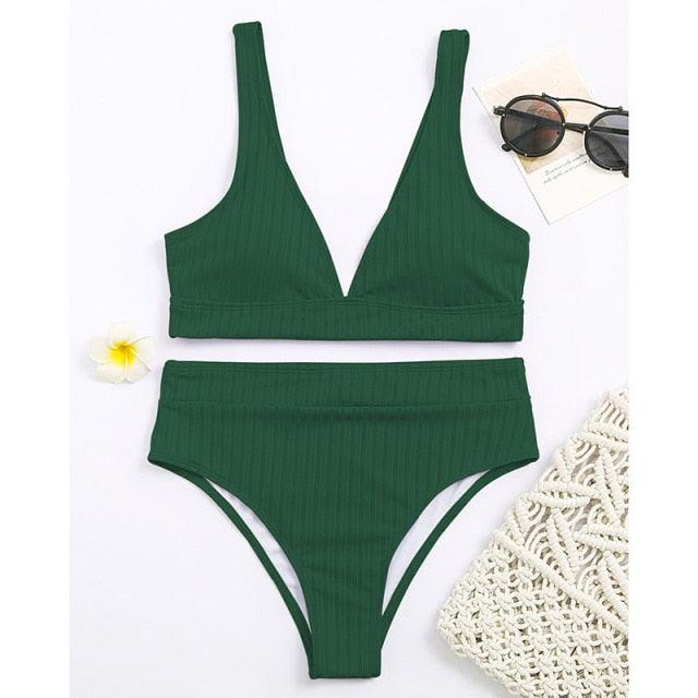 Bikini High Waist Swimwear Women's Swimsuits Push Up Ribbed Bathing Suits Black V-Neck Bikinis Set High Waist Tummy Control Bathing Suits For Women Deep V Neck Black Comfortable Beachwear