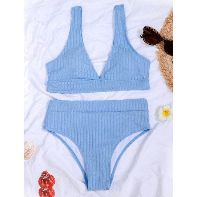 Bikini High Waist Swimwear Women's Swimsuits Push Up Ribbed Bathing Suits Black V-Neck Bikinis Set High Waist Tummy Control Bathing Suits For Women Deep V Neck Black Comfortable Beachwear
