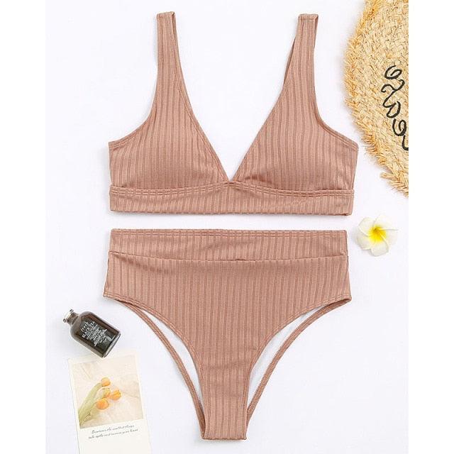 Bikini High Waist Swimwear Women's Swimsuits Push Up Ribbed Bathing Suits Black V-Neck Bikinis Set High Waist Tummy Control Bathing Suits For Women Deep V Neck Black Comfortable Beachwear