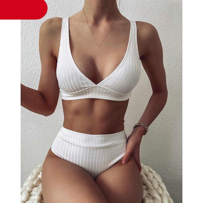 Bikini High Waist Swimwear Women's Swimsuits Push Up Ribbed Bathing Suits Black V-Neck Bikinis Set High Waist Tummy Control Bathing Suits For Women Deep V Neck Black Comfortable Beachwear