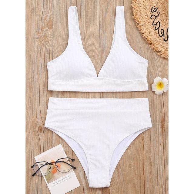 Bikini High Waist Swimwear Women's Swimsuits Push Up Ribbed Bathing Suits Black V-Neck Bikinis Set High Waist Tummy Control Bathing Suits For Women Deep V Neck Black Comfortable Beachwear