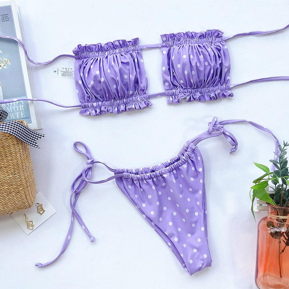 Bikini Pleated Swimsuit Female Swimwear Women's Ruffle Tie Side Bikini Set High Cut Strapless Padded Solid Bathing Suit Women Mini Thong Bikini Set Bather Swimming Beachwear For Bathing Suit