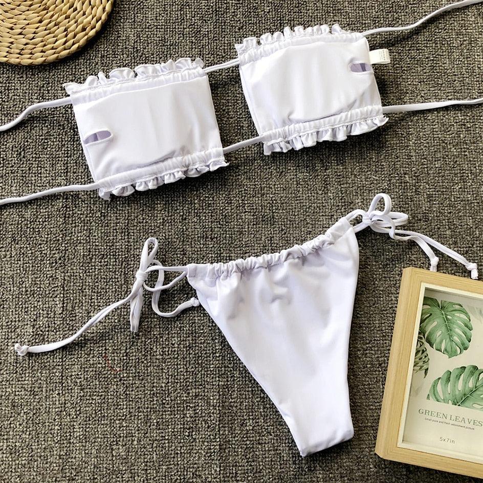 Bikini Pleated Swimsuit Female Swimwear Women's Ruffle Tie Side Bikini Set High Cut Strapless Padded Solid Bathing Suit Women Mini Thong Bikini Set Bather Swimming Beachwear For Bathing Suit