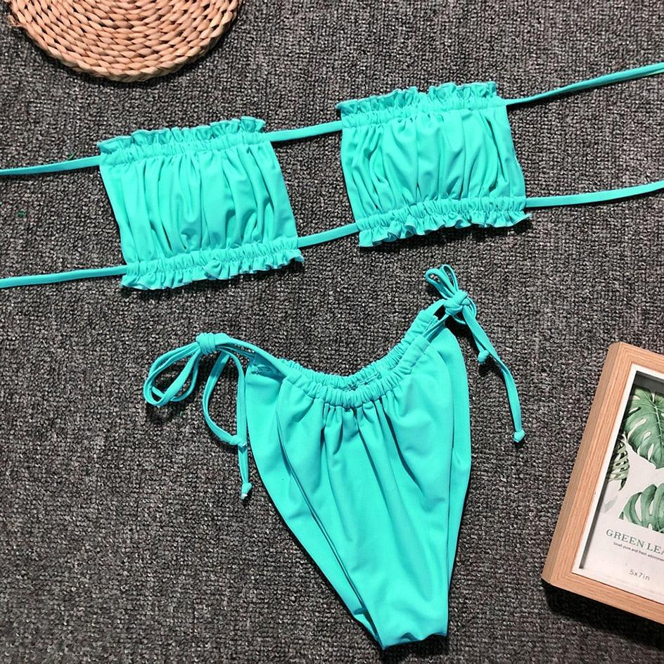 Bikini Pleated Swimsuit Female Swimwear Women's Ruffle Tie Side Bikini Set High Cut Strapless Padded Solid Bathing Suit Women Mini Thong Bikini Set Bather Swimming Beachwear For Bathing Suit