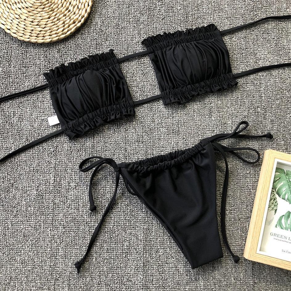 Bikini Pleated Swimsuit Female Swimwear Women's Ruffle Tie Side Bikini Set High Cut Strapless Padded Solid Bathing Suit Women Mini Thong Bikini Set Bather Swimming Beachwear For Bathing Suit