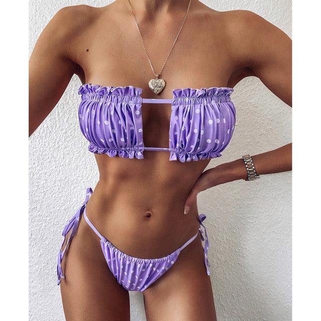 Bikini Pleated Swimsuit Female Swimwear Women's Ruffle Tie Side Bikini Set High Cut Strapless Padded Solid Bathing Suit Women Mini Thong Bikini Set Bather Swimming Beachwear For Bathing Suit