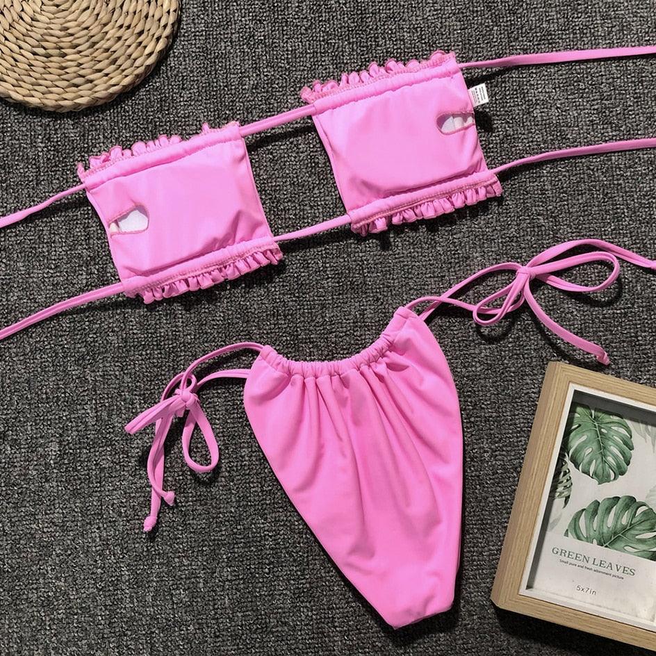 Bikini Pleated Swimsuit Female Swimwear Women's Ruffle Tie Side Bikini Set High Cut Strapless Padded Solid Bathing Suit Women Mini Thong Bikini Set Bather Swimming Beachwear For Bathing Suit