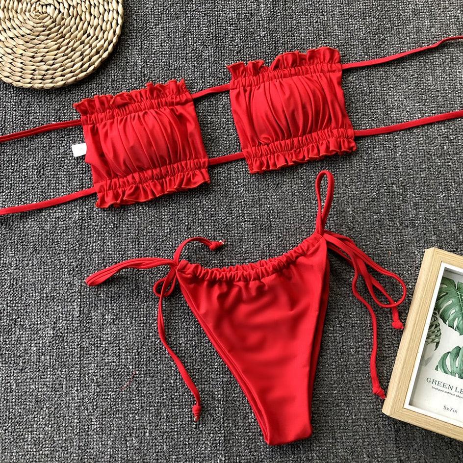Bikini Pleated Swimsuit Female Swimwear Women's Ruffle Tie Side Bikini Set High Cut Strapless Padded Solid Bathing Suit Women Mini Thong Bikini Set Bather Swimming Beachwear For Bathing Suit
