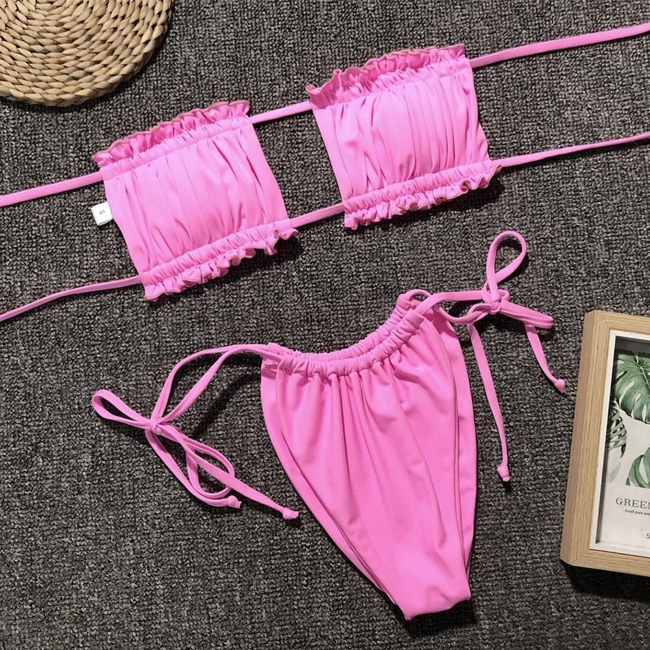 Bikini Pleated Swimsuit Female Swimwear Women's Ruffle Tie Side Bikini Set High Cut Strapless Padded Solid Bathing Suit Women Mini Thong Bikini Set Bather Swimming Beachwear For Bathing Suit