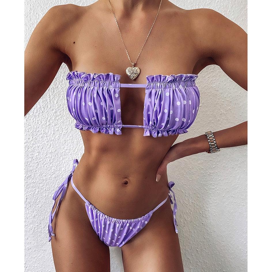Bikini Pleated Swimsuit Female Swimwear Women's Ruffle Tie Side Bikini Set High Cut Strapless Padded Solid Bathing Suit Women Mini Thong Bikini Set Bather Swimming Beachwear For Bathing Suit