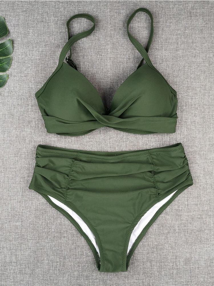 Bikini Sets Solid Color Swimsuit Mid-Waist Gather Cup Bikinis Women Swimwear Female Bathing Suits Beach wear Two Piece Swimsuits Triangle Bikini swimsuits for Women