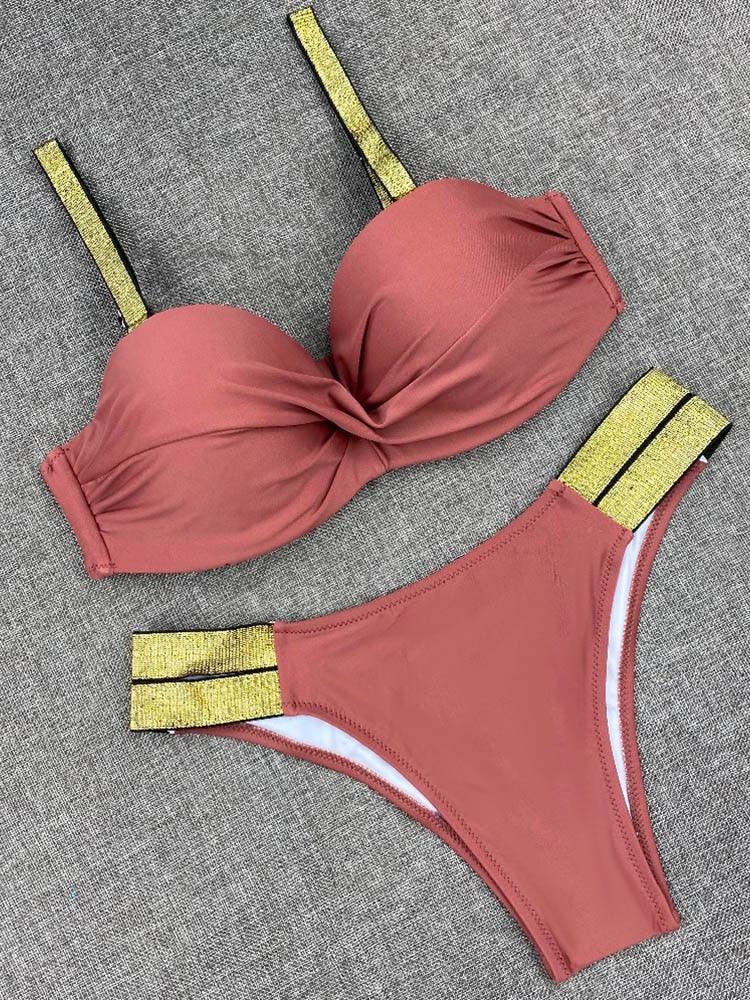 Bikini Sets Solid Color Swimsuit Mid-Waist Gather Cup Bikinis Women Swimwear Female Bathing Suits Beach wear Two Piece Swimsuits Triangle Bikini swimsuits for Women