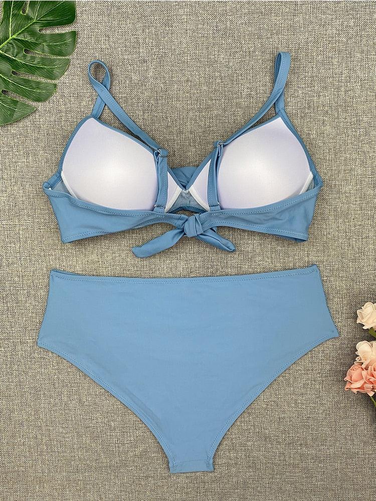 Bikini Sets Solid Color Swimsuit Mid-Waist Gather Cup Bikinis Women Swimwear Female Bathing Suits Beach wear Two Piece Swimsuits Triangle Bikini swimsuits for Women