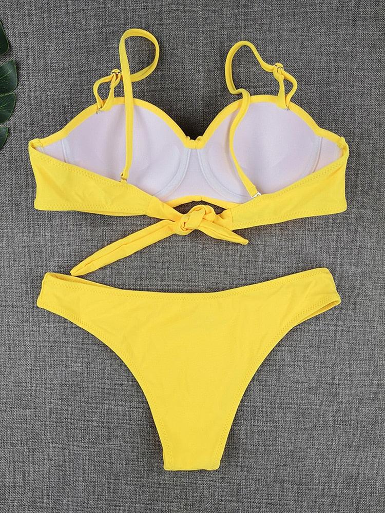 Bikini Sets Solid Color Swimsuit Mid-Waist Gather Cup Bikinis Women Swimwear Female Bathing Suits Beach wear Two Piece Swimsuits Triangle Bikini swimsuits for Women