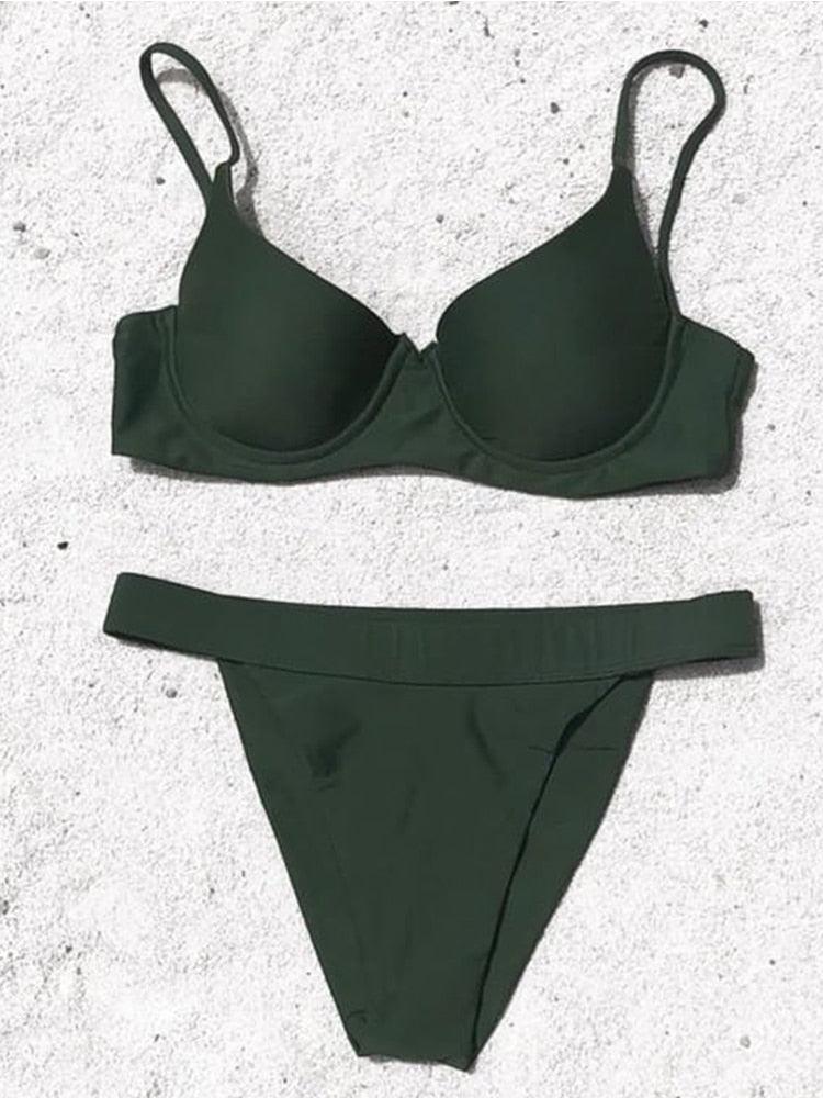 Bikini Swimwear Women High Waist Swimsuit Solid Color Bikini Set Women's Push Up Underwire Top Bottom Bikini Bathing Swimsuits Beach Wear Padded Push Up Bikini Set Female