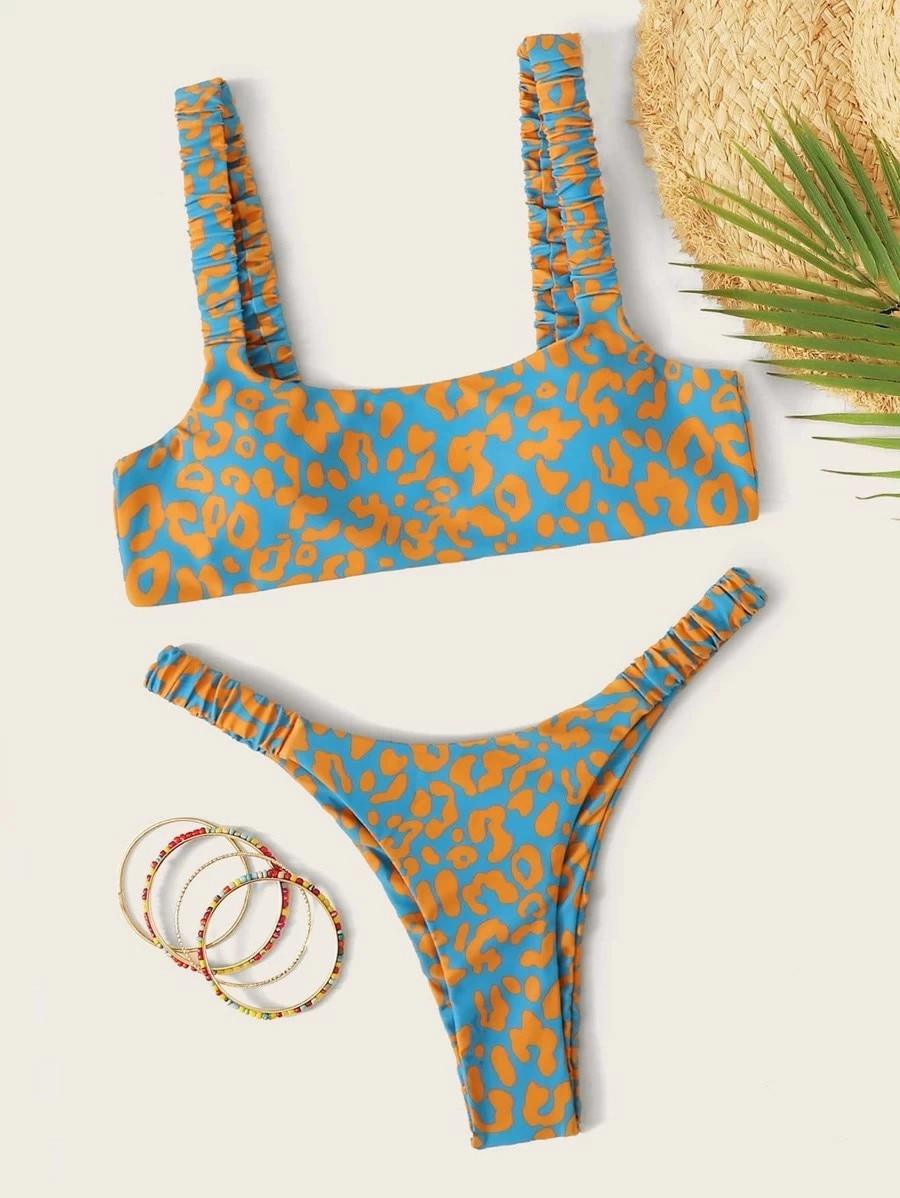 Bikini Women Orange Leopard Push Up Padded Thong Swimsuit Female Cut Out Bathing Suit Swimwear Padded Push up Thong Bikini Sets Swimsuits for Women