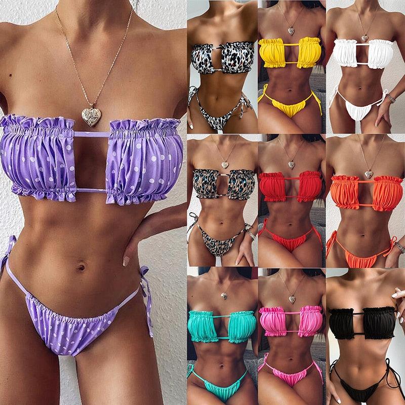 Bikini Women Swimsuit Female Low Waist Swimwear Women Beach Mini Thong Bikini Set Bathing Suit Women Thong Swimsuits Strapless 2 Piece Bikini String Tie Ruffle Brazilian Bathing Suit