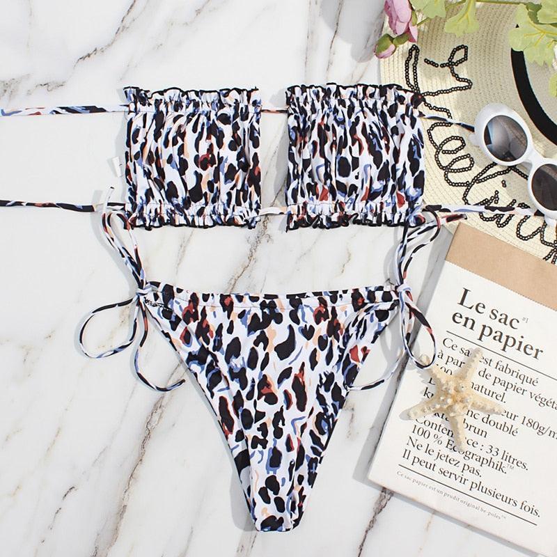 Bikini Women Swimsuit Female Low Waist Swimwear Women Beach Mini Thong Bikini Set Bathing Suit Women Thong Swimsuits Strapless 2 Piece Bikini String Tie Ruffle Brazilian Bathing Suit