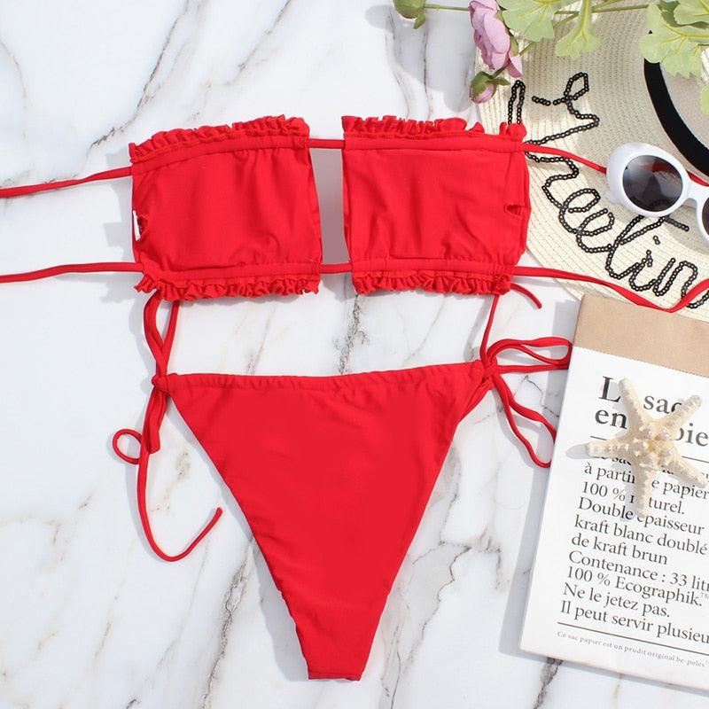 Bikini Women Swimsuit Female Low Waist Swimwear Women Beach Mini Thong Bikini Set Bathing Suit Women Thong Swimsuits Strapless 2 Piece Bikini String Tie Ruffle Brazilian Bathing Suit