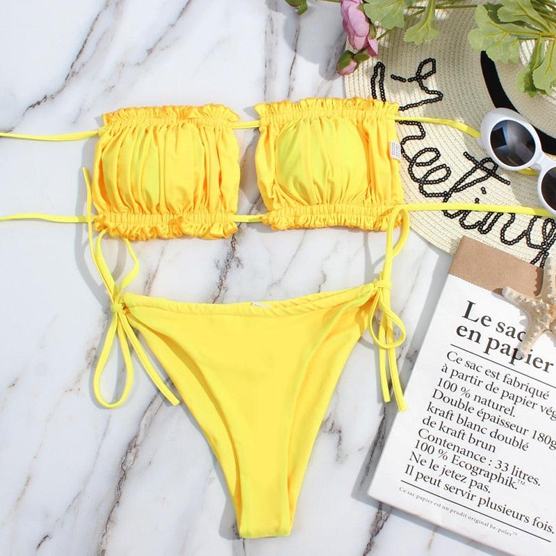 Bikini Women Swimsuit Female Low Waist Swimwear Women Beach Mini Thong Bikini Set Bathing Suit Women Thong Swimsuits Strapless 2 Piece Bikini String Tie Ruffle Brazilian Bathing Suit