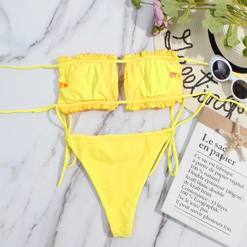 Bikini Women Swimsuit Female Low Waist Swimwear Women Beach Mini Thong Bikini Set Bathing Suit Women Thong Swimsuits Strapless 2 Piece Bikini String Tie Ruffle Brazilian Bathing Suit