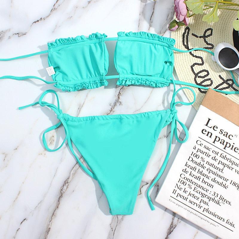 Bikini Women Swimsuit Female Low Waist Swimwear Women Beach Mini Thong Bikini Set Bathing Suit Women Thong Swimsuits Strapless 2 Piece Bikini String Tie Ruffle Brazilian Bathing Suit