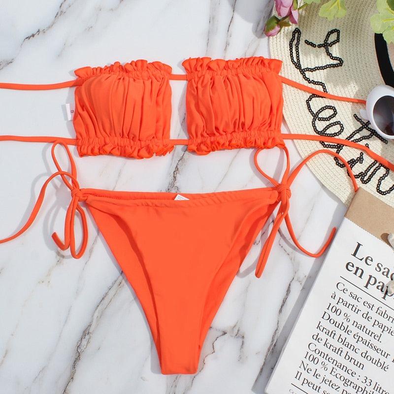Bikini Women Swimsuit Female Low Waist Swimwear Women Beach Mini Thong Bikini Set Bathing Suit Women Thong Swimsuits Strapless 2 Piece Bikini String Tie Ruffle Brazilian Bathing Suit