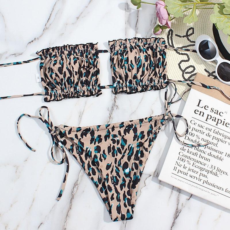 Bikini Women Swimsuit Female Low Waist Swimwear Women Beach Mini Thong Bikini Set Bathing Suit Women Thong Swimsuits Strapless 2 Piece Bikini String Tie Ruffle Brazilian Bathing Suit