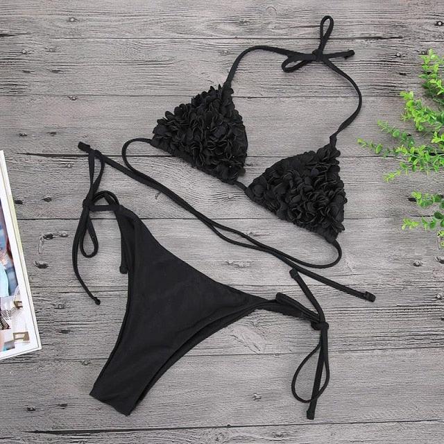 Bikinis New 3D Flower Swimwear Solid Bikini Bandage Swimsuit Women's Solid Halter Padded Push Up Bikini Set Two Pieces Swimsuit Swimwear Bathing Suit Bikini Set Female Cute Ladies Beachwear Push Up Bikini