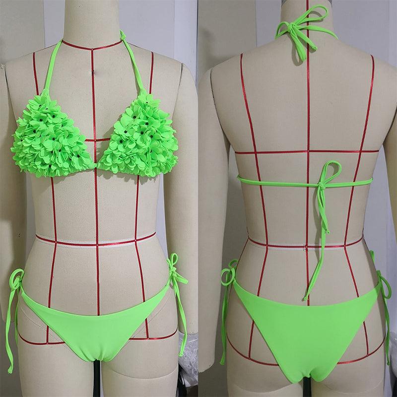 Bikinis New 3D Flower Swimwear Solid Bikini Bandage Swimsuit Women's Solid Halter Padded Push Up Bikini Set Two Pieces Swimsuit Swimwear Bathing Suit Bikini Set Female Cute Ladies Beachwear Push Up Bikini