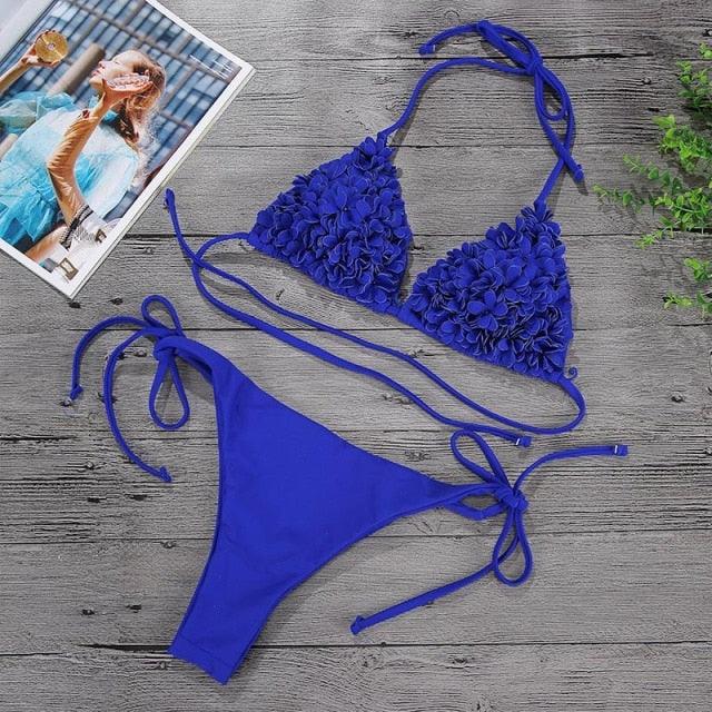 Bikinis New 3D Flower Swimwear Solid Bikini Bandage Swimsuit Women's Solid Halter Padded Push Up Bikini Set Two Pieces Swimsuit Swimwear Bathing Suit Bikini Set Female Cute Ladies Beachwear Push Up Bikini