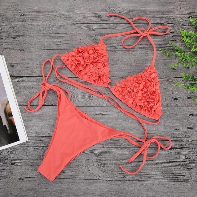 Bikinis New 3D Flower Swimwear Solid Bikini Bandage Swimsuit Women's Solid Halter Padded Push Up Bikini Set Two Pieces Swimsuit Swimwear Bathing Suit Bikini Set Female Cute Ladies Beachwear Push Up Bikini