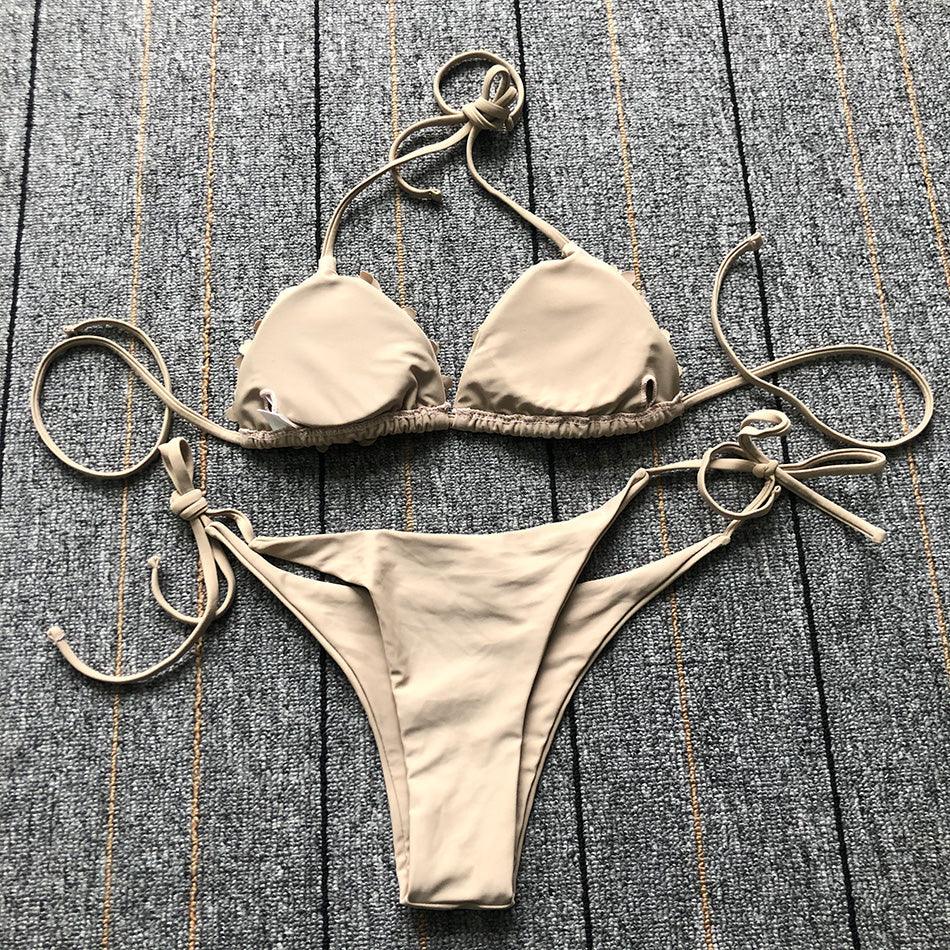 Bikinis New 3D Flower Swimwear Solid Bikini Bandage Swimsuit Women's Solid Halter Padded Push Up Bikini Set Two Pieces Swimsuit Swimwear Bathing Suit Bikini Set Female Cute Ladies Beachwear Push Up Bikini