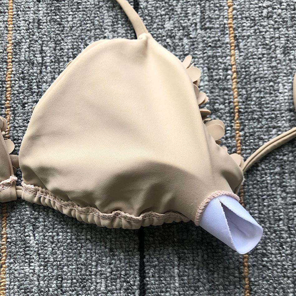Bikinis New 3D Flower Swimwear Solid Bikini Bandage Swimsuit Women's Solid Halter Padded Push Up Bikini Set Two Pieces Swimsuit Swimwear Bathing Suit Bikini Set Female Cute Ladies Beachwear Push Up Bikini