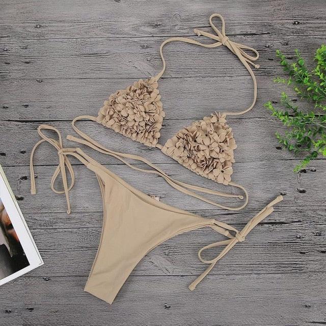 Bikinis New 3D Flower Swimwear Solid Bikini Bandage Swimsuit Women's Solid Halter Padded Push Up Bikini Set Two Pieces Swimsuit Swimwear Bathing Suit Bikini Set Female Cute Ladies Beachwear Push Up Bikini