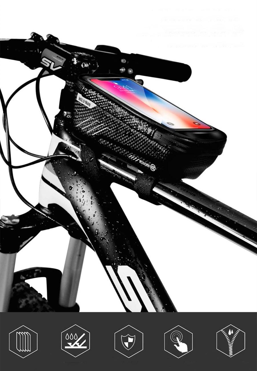 Black Bike Bag Frame Front Top Tube Cycling Bag Waterproof Phone Case Touchscreen Bag Pack Bicycle Accessories Bike Bicycle Bag Waterproof Bike Phone Mount Bag Front Frame Top Tube Handlebar Bag Touch Screen Holder Case For Cell Phones 6.6in