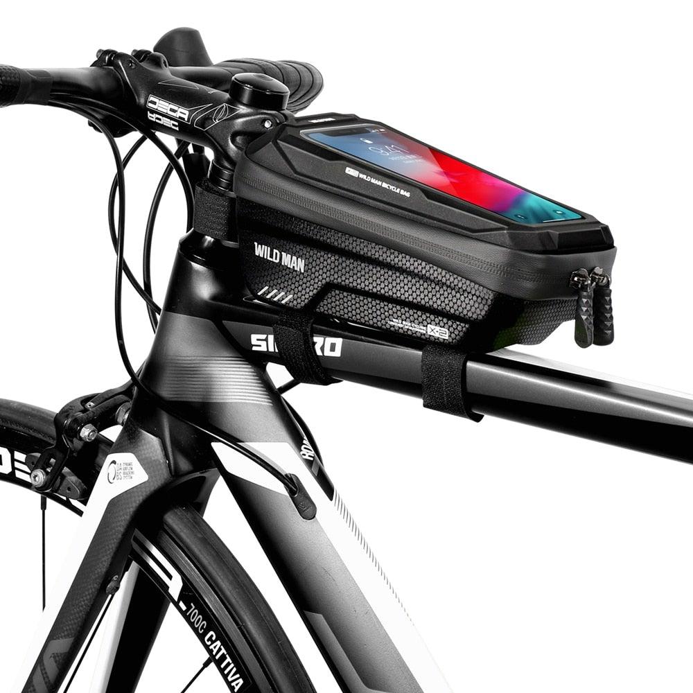 Black Bike Bag Frame Front Top Tube Cycling Bag Waterproof Phone Case Touchscreen Bag Pack Bicycle Accessories Bike Bicycle Bag Waterproof Bike Phone Mount Bag Front Frame Top Tube Handlebar Bag Touch Screen Holder Case For Cell Phones 6.6in