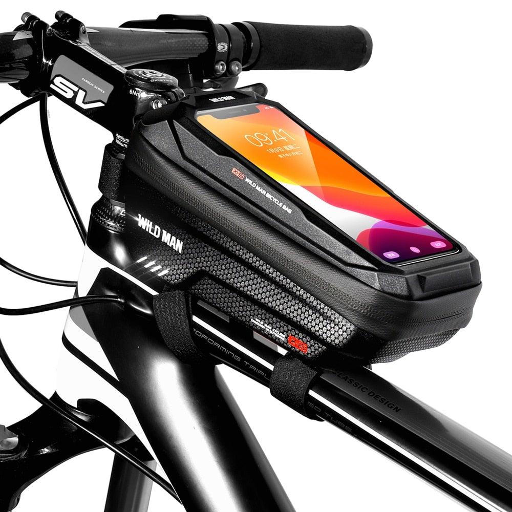 Black Bike Bag Frame Front Top Tube Cycling Bag Waterproof Phone Case Touchscreen Bag Pack Bicycle Accessories Bike Bicycle Bag Waterproof Bike Phone Mount Bag Front Frame Top Tube Handlebar Bag Touch Screen Holder Case For Cell Phones 6.6in