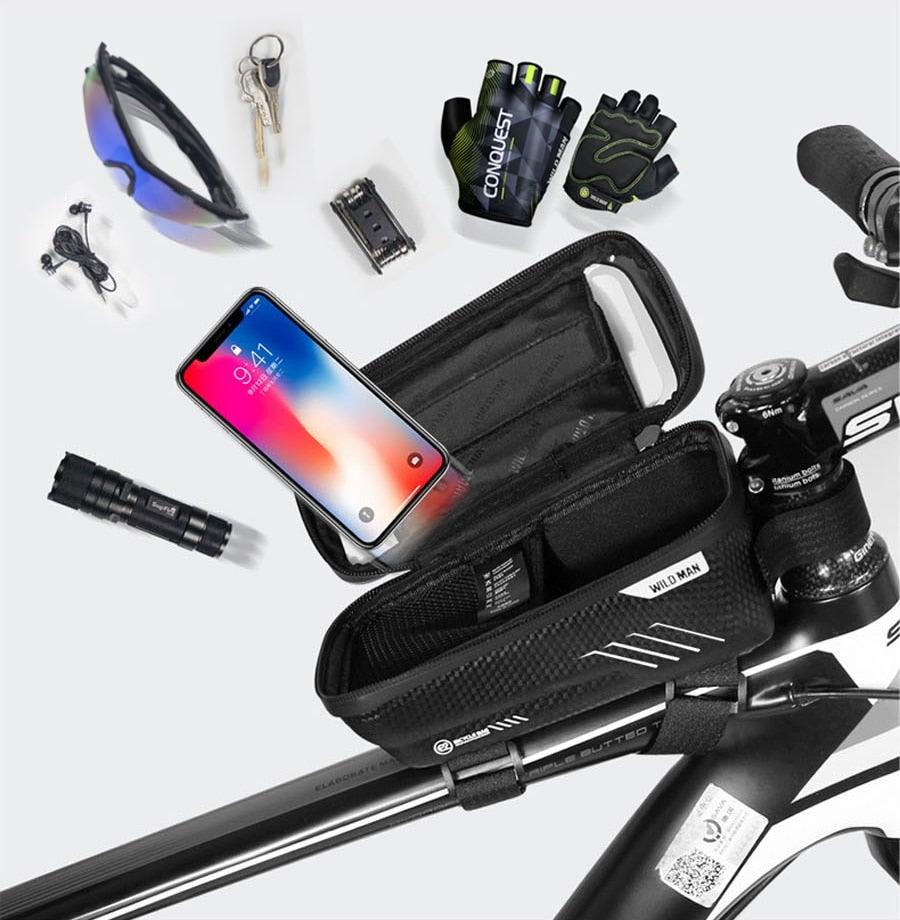 Black Bike Bag Frame Front Top Tube Cycling Bag Waterproof Phone Case Touchscreen Bag Pack Bicycle Accessories Bike Bicycle Bag Waterproof Bike Phone Mount Bag Front Frame Top Tube Handlebar Bag Touch Screen Holder Case For Cell Phones 6.6in