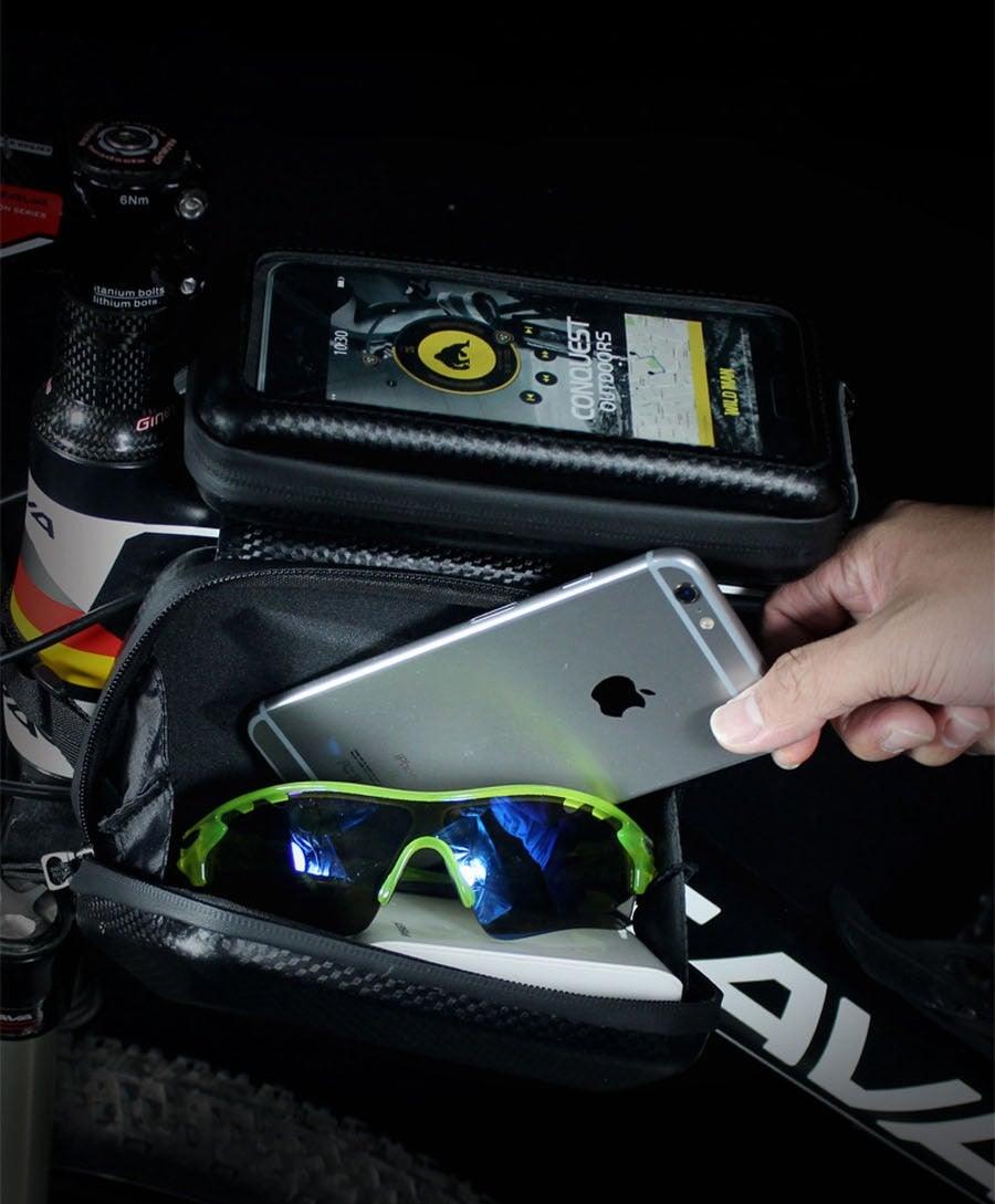 Black Bike Bag Frame Front Top Tube Cycling Bag Waterproof Phone Case Touchscreen Bag Pack Bicycle Accessories Bike Bicycle Bag Waterproof Bike Phone Mount Bag Front Frame Top Tube Handlebar Bag Touch Screen Holder Case For Cell Phones 6.6in