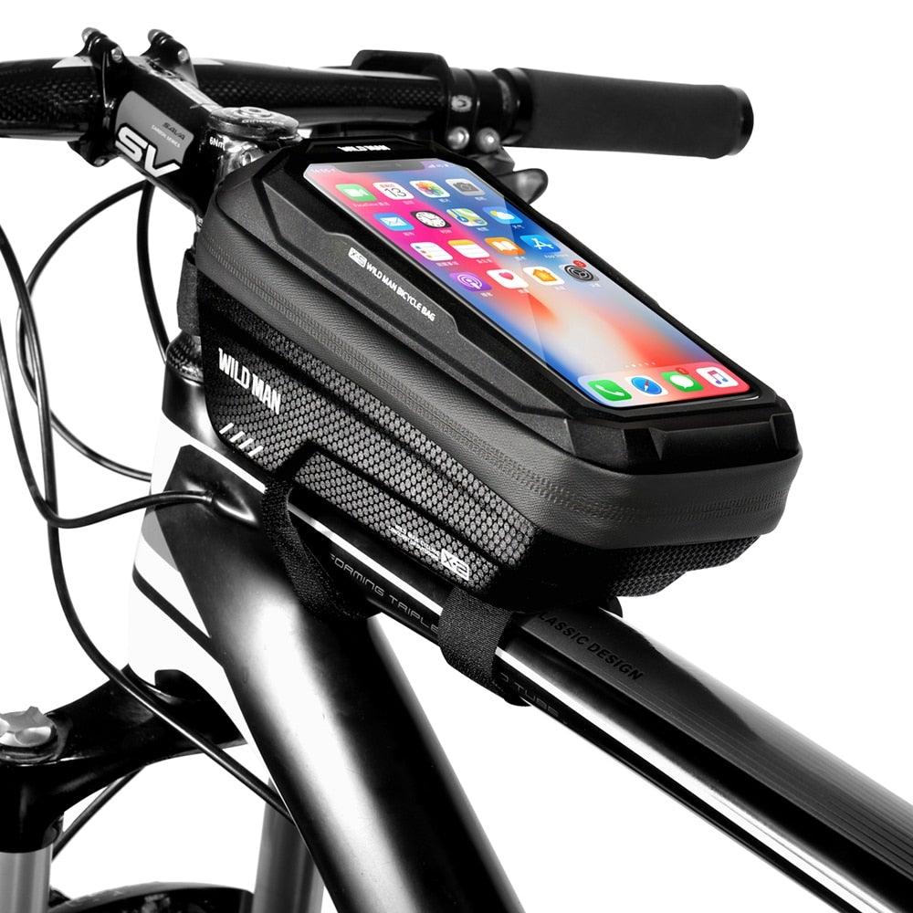 Black Bike Bag Frame Front Top Tube Cycling Bag Waterproof Phone Case Touchscreen Bag Pack Bicycle Accessories Bike Bicycle Bag Waterproof Bike Phone Mount Bag Front Frame Top Tube Handlebar Bag Touch Screen Holder Case For Cell Phones 6.6in