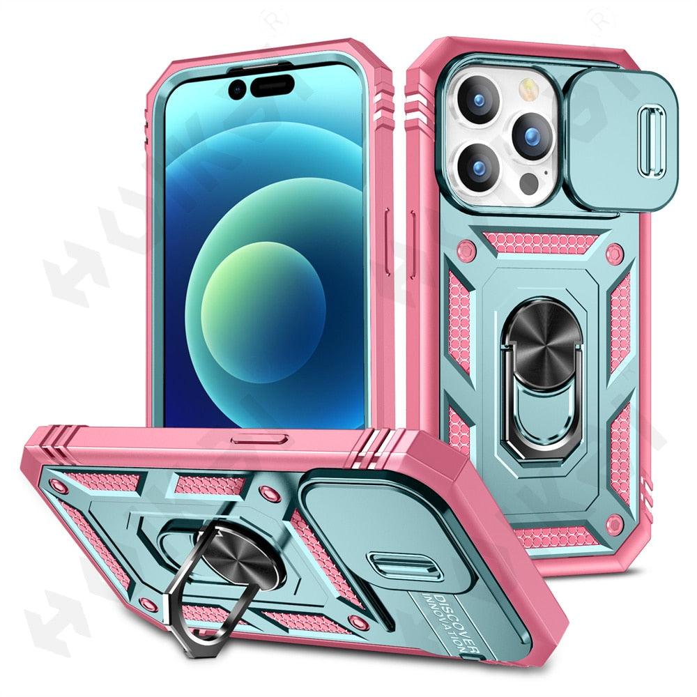 Black Durable Ring Kickstand Case Design Case For iPhone 11 Pro XS Max 8 7 Plus 360 Full Body Protective Slide Camera Stand Protection Ring Cover Protective Case For iPhone