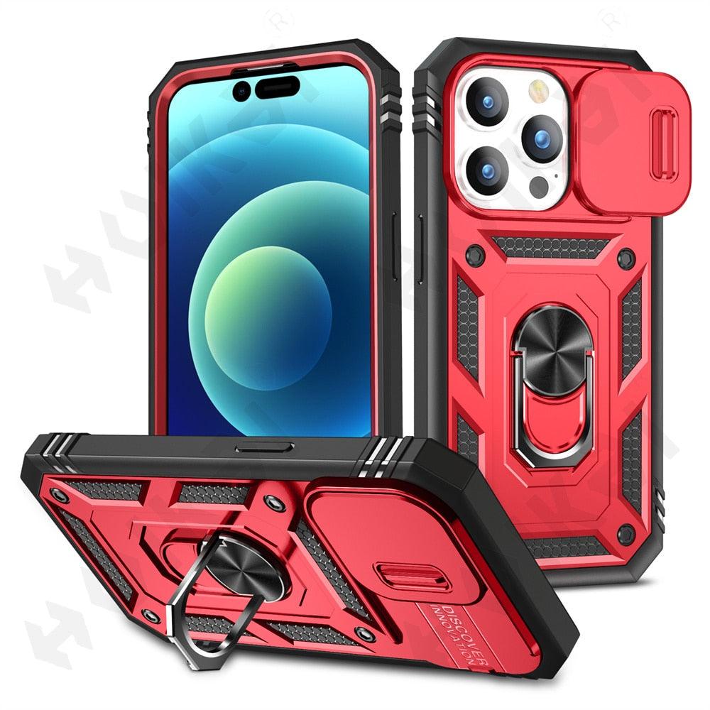 Black Durable Ring Kickstand Case Design Case For iPhone 11 Pro XS Max 8 7 Plus 360 Full Body Protective Slide Camera Stand Protection Ring Cover Protective Case For iPhone