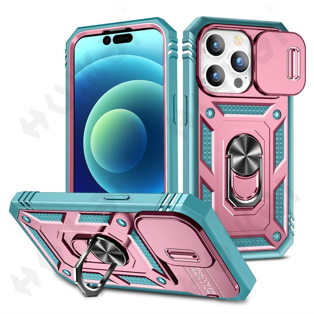 Black Durable Ring Kickstand Case Design Case For iPhone 11 Pro XS Max 8 7 Plus 360 Full Body Protective Slide Camera Stand Protection Ring Cover Protective Case For iPhone