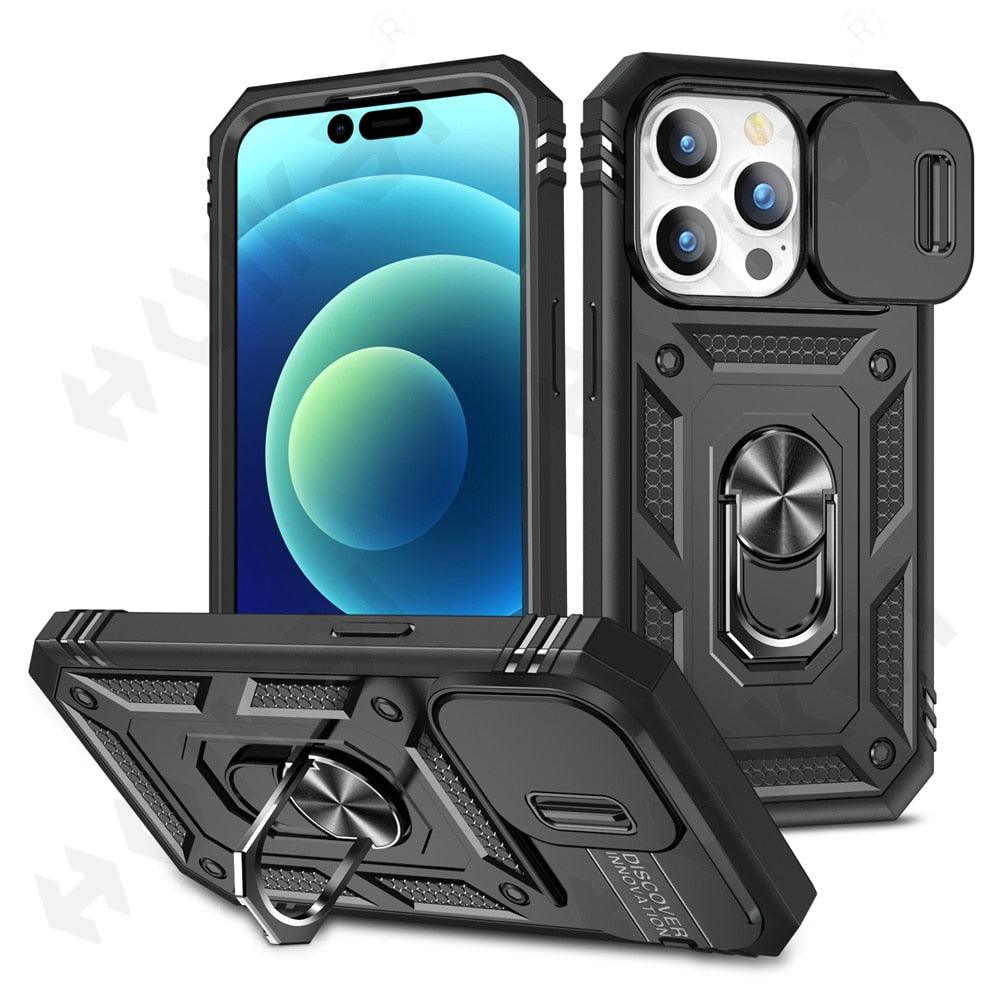 Black Durable Ring Kickstand Case Design Case For iPhone 11 Pro XS Max 8 7 Plus 360 Full Body Protective Slide Camera Stand Protection Ring Cover Protective Case For iPhone