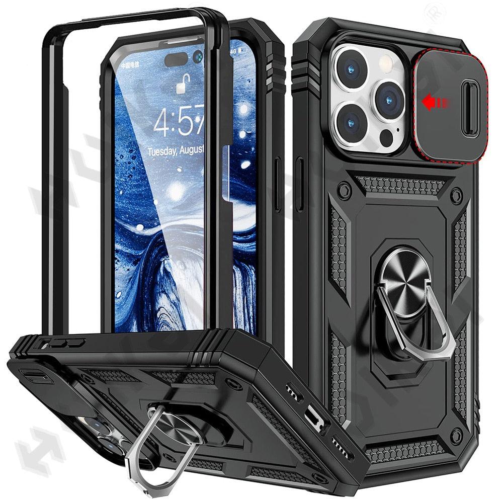 Black Durable Ring Kickstand Case Design Case For iPhone 11 Pro XS Max 8 7 Plus 360 Full Body Protective Slide Camera Stand Protection Ring Cover Protective Case For iPhone